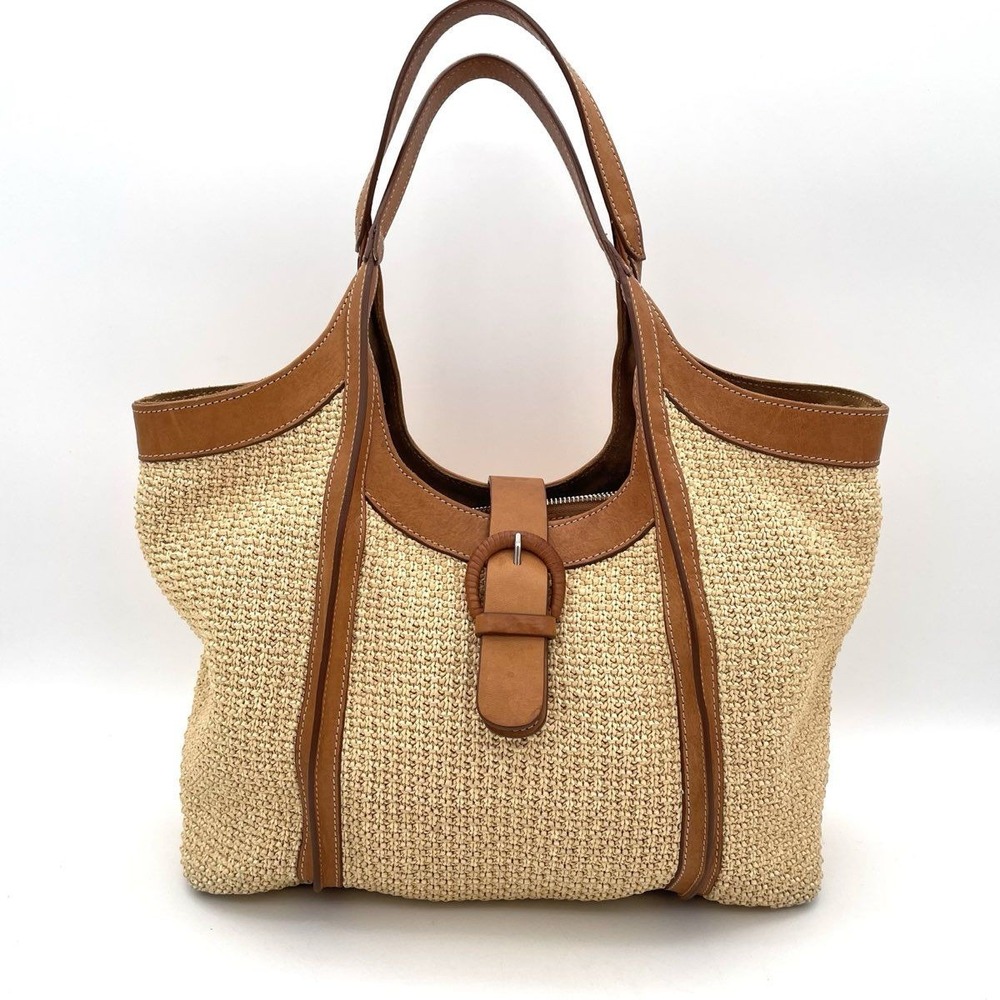 Cavalcanti Women's Woven Straw Leather Trim Tote Bag Tan Made in Italy Buckle